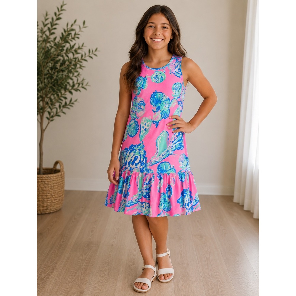 Lilly Pulitzer Girls Seashell Ruffle Dress Preppy Coastal Resort XL 12-14 Pink